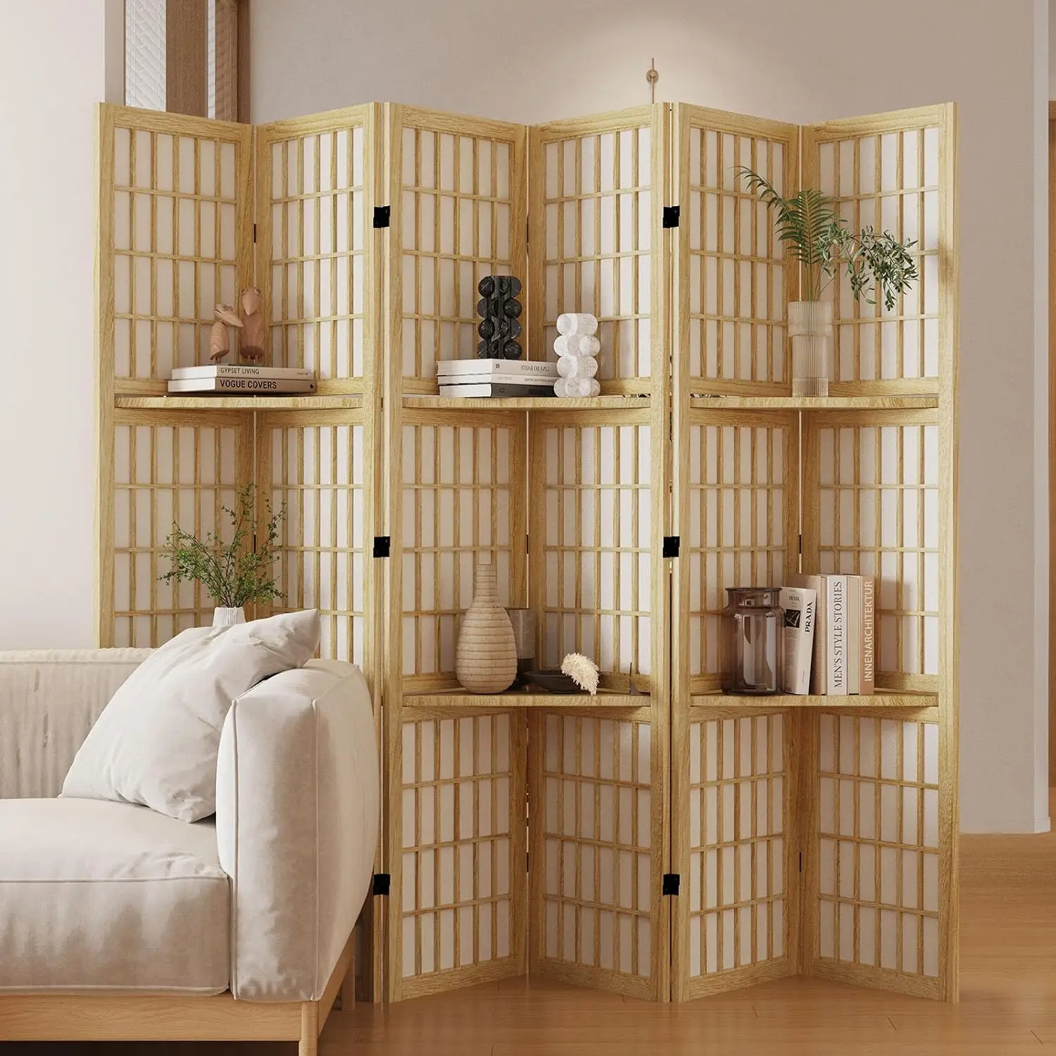 Shoji Screen Divider - Paravent avec étagères, 66,9 pouces de